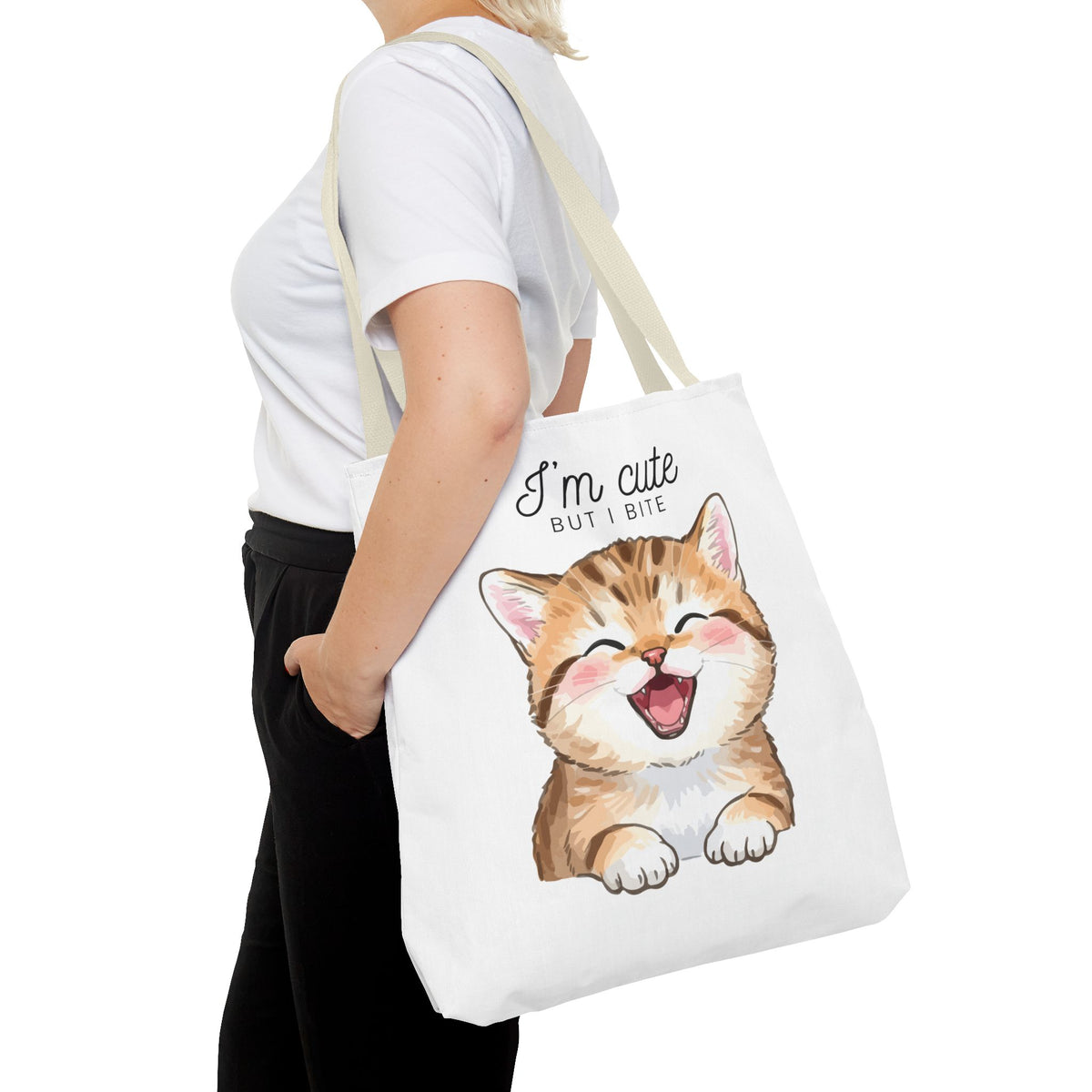 "I'm Cute But I Bite" kitty tote bag