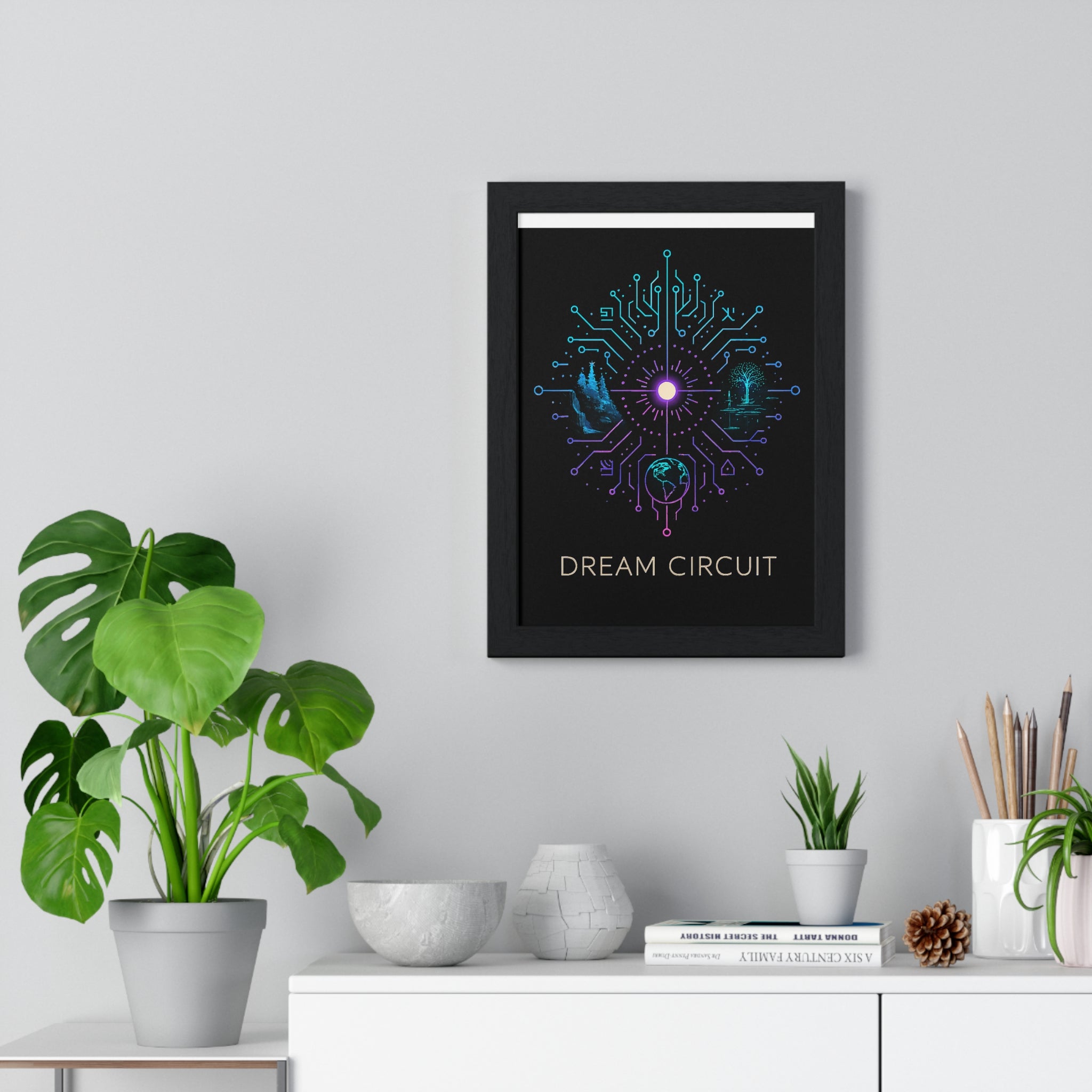 Dream Circuit Vertical Framed Poster, Inspirational Art Print, Modern Home Decor, Tech Vibe Wall Art, Gift for Nerds, Unique Decor
