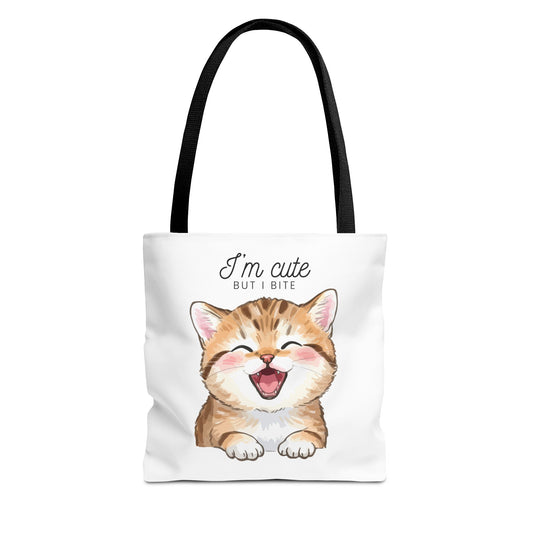 Cute Kitten Tote Bag — "I'm Cute But I Bite" Printed Canvas Bag