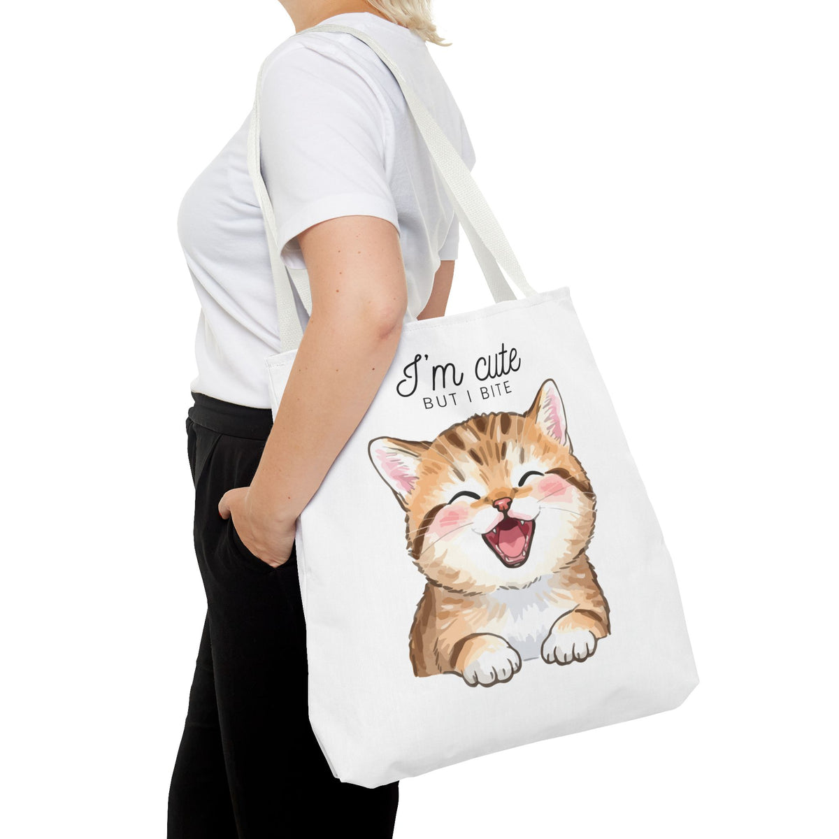 "I'm Cute But I Bite" kitty tote bag