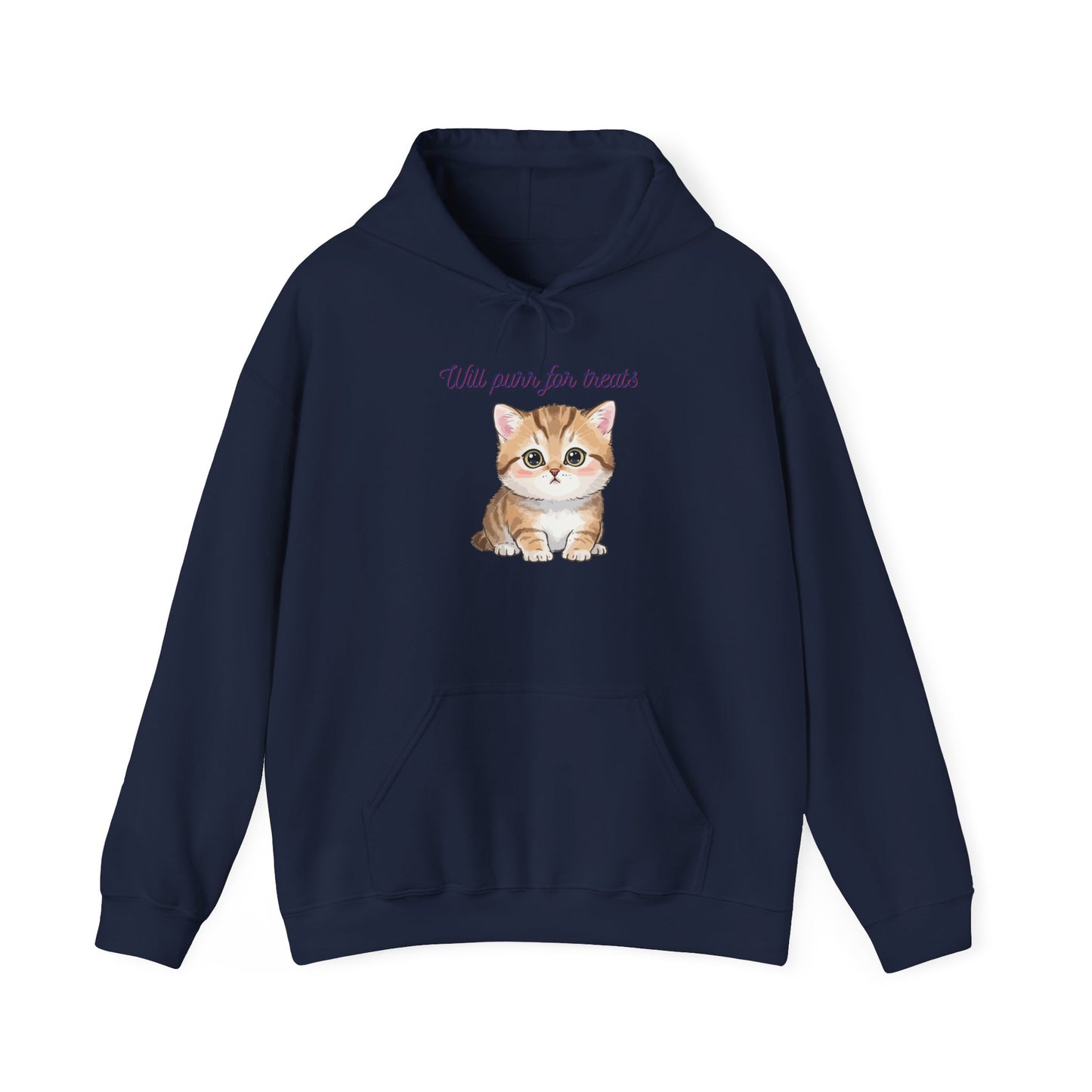 Cute Kitten Hoodie — "Will purr for treats" Cozy Cat Lover Sweatshirt