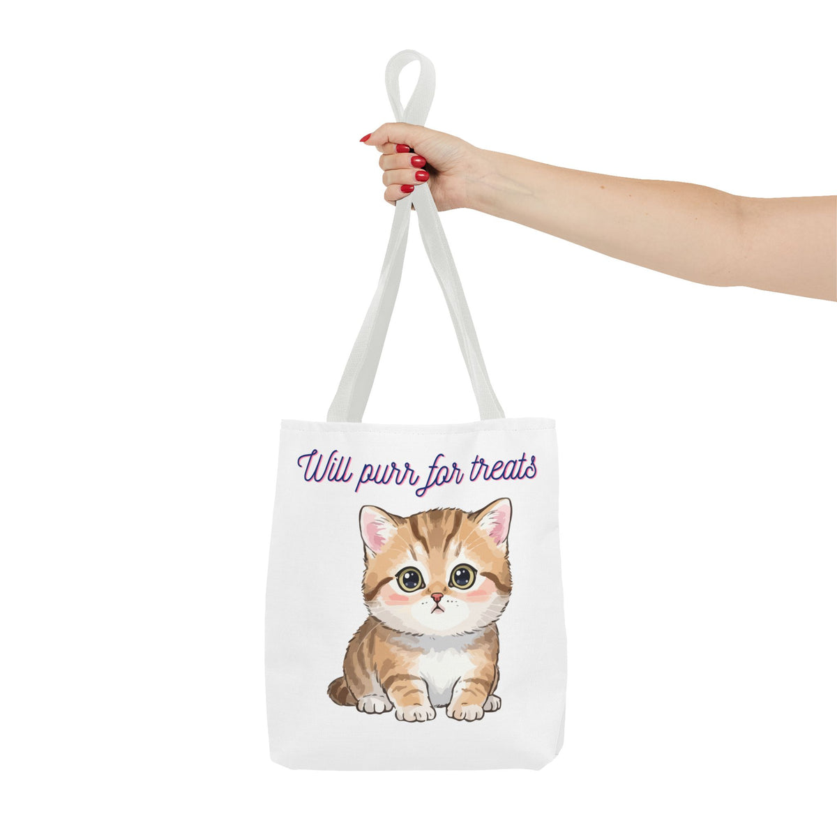 "Will purr for treats" kitten tote bag