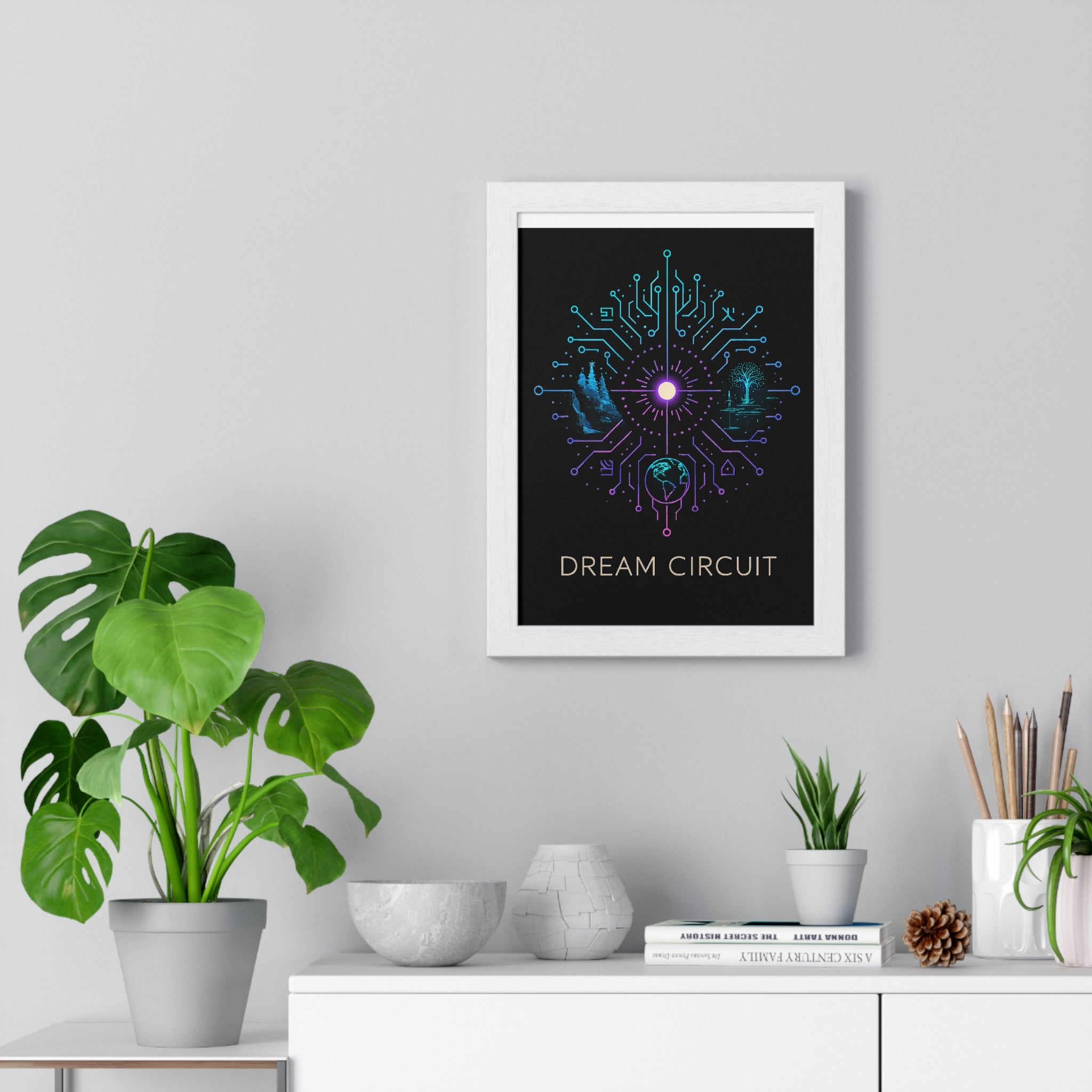 Dream Circuit Vertical Framed Poster, Inspirational Art Print, Modern Home Decor, Tech Vibe Wall Art, Gift for Nerds, Unique Decor