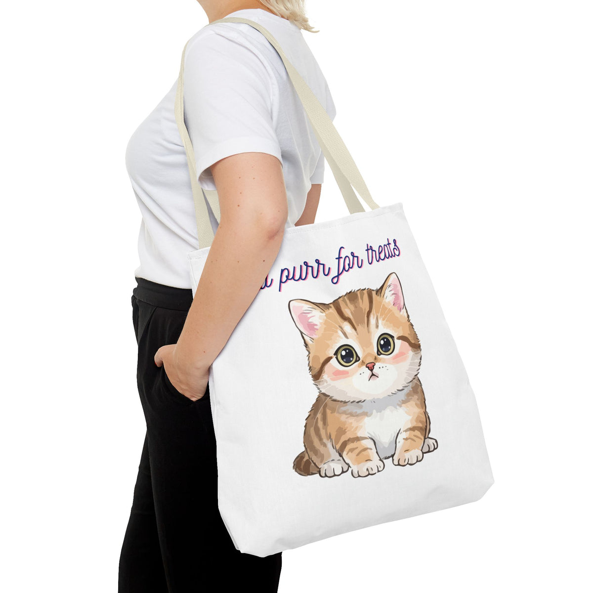 "Will purr for treats" kitten tote bag