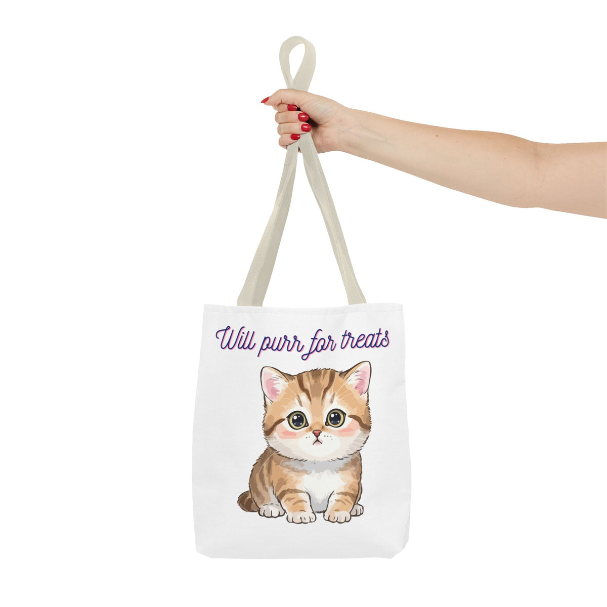 "Will purr for treats" kitten tote bag