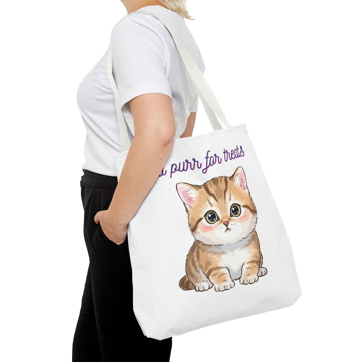 "Will purr for treats" kitten tote bag