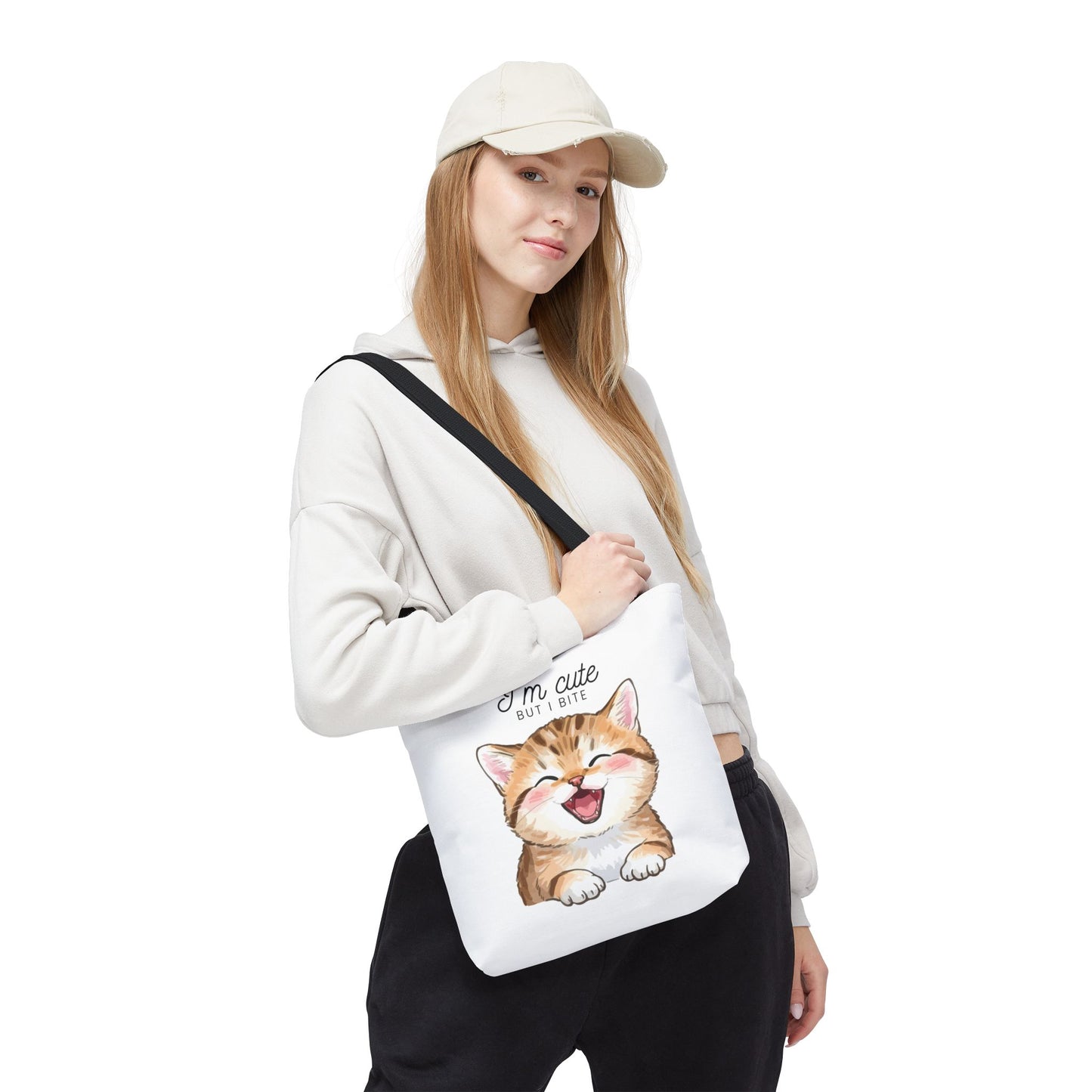 Cute Kitten Tote Bag — "I'm Cute But I Bite" Printed Canvas Bag