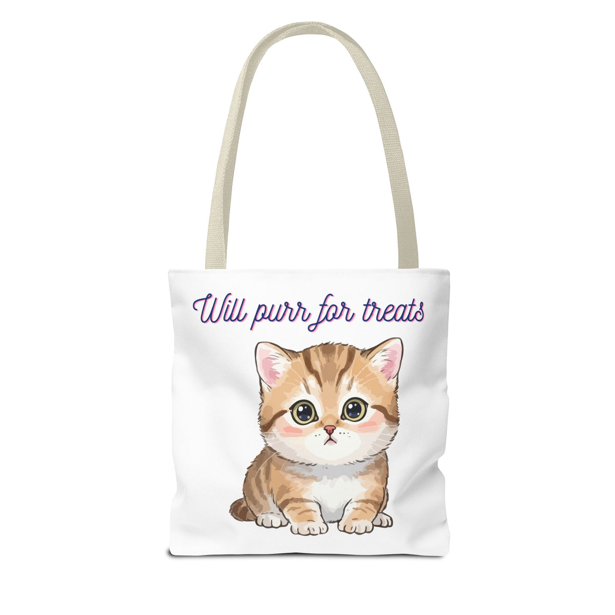 "Will purr for treats" kitten tote bag