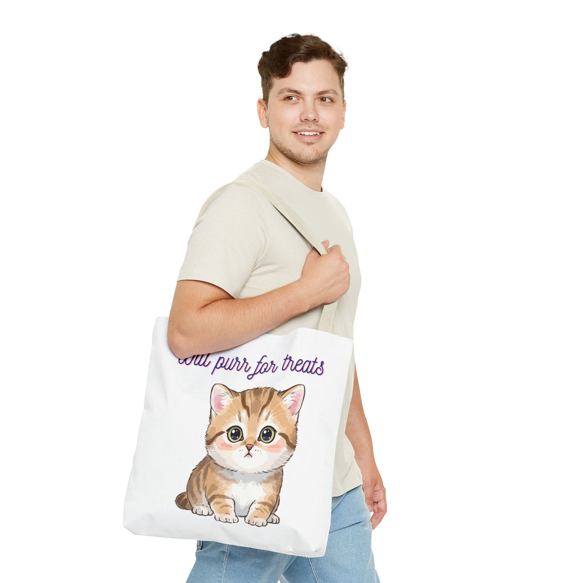 "Will purr for treats" kitten tote bag