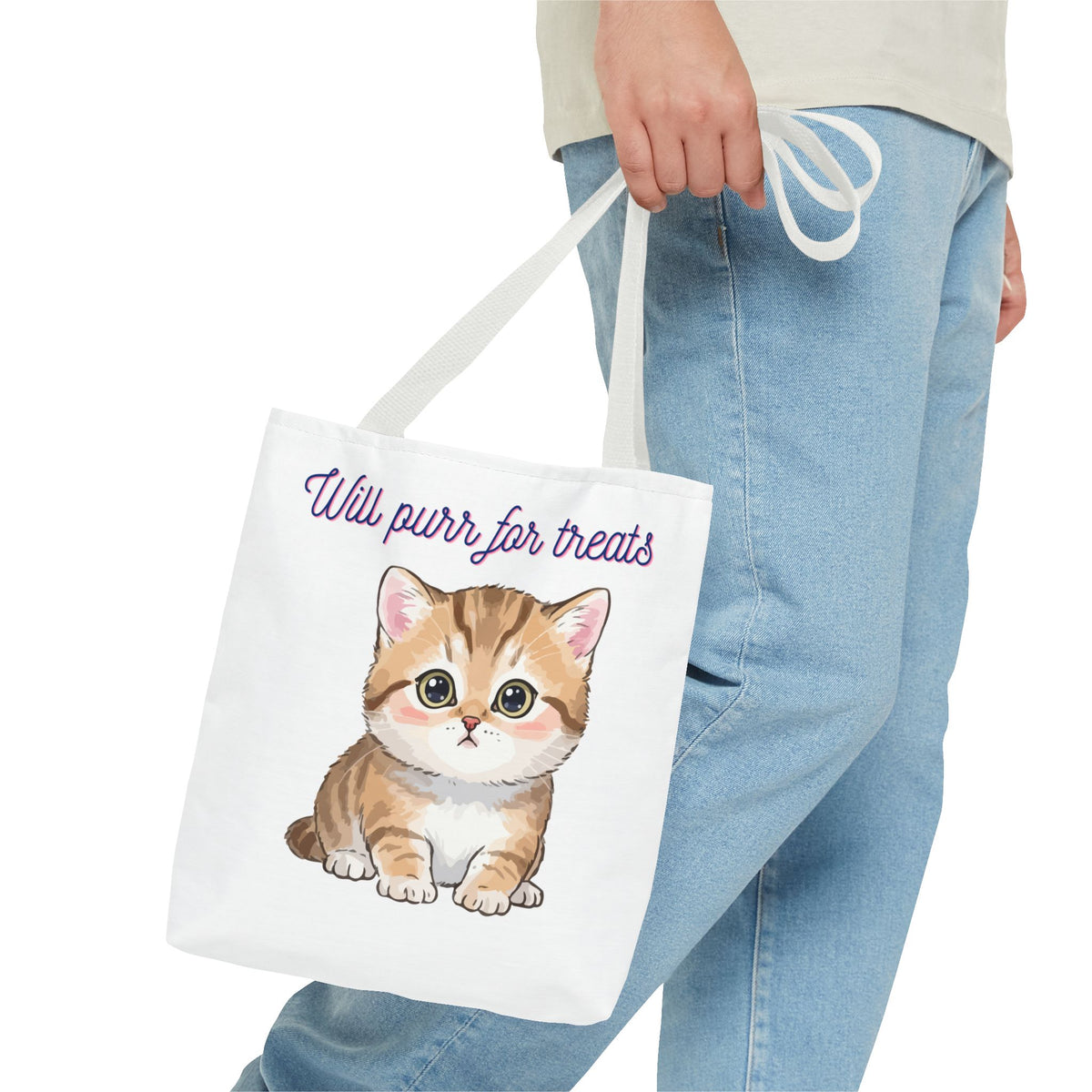 "Will purr for treats" kitten tote bag