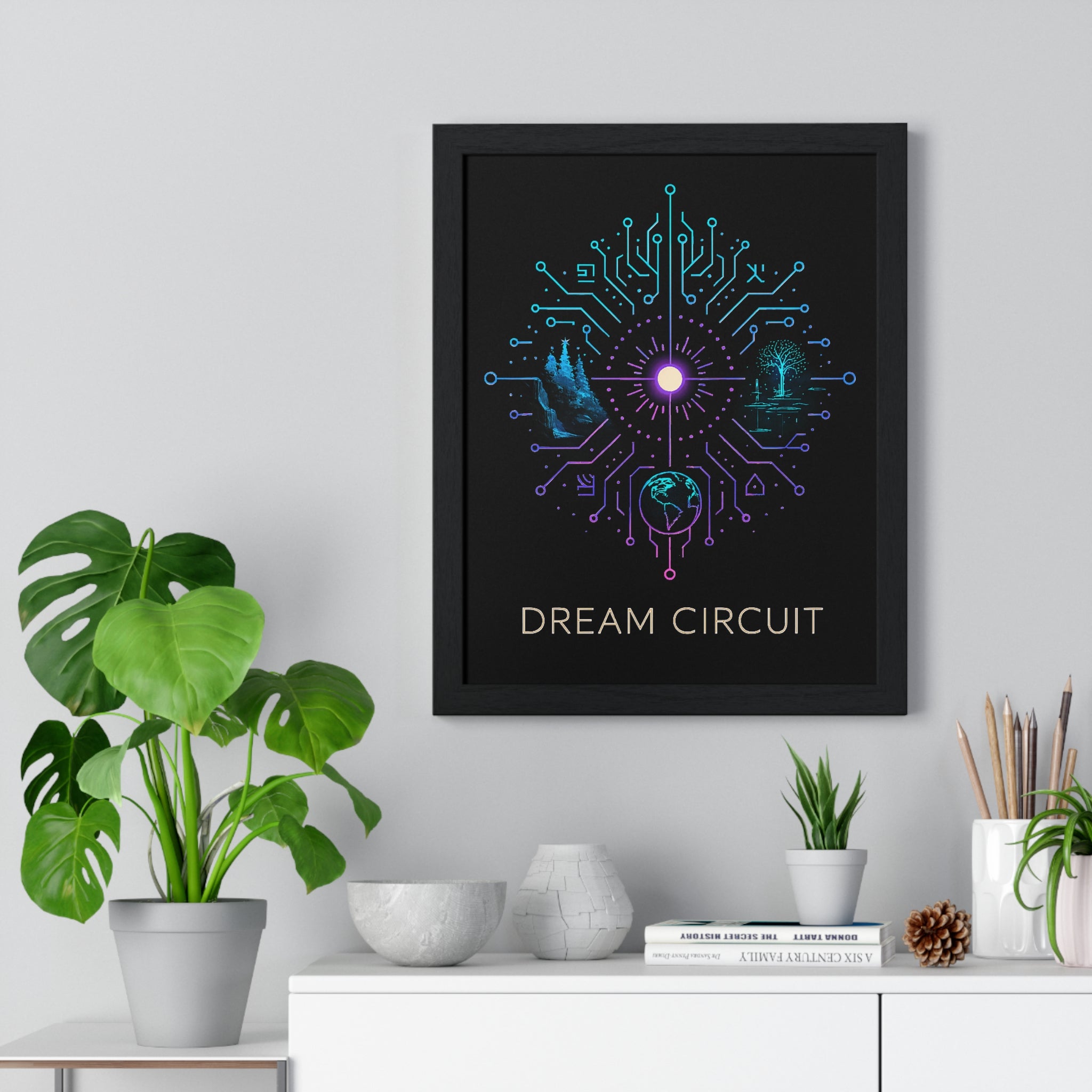 Dream Circuit Vertical Framed Poster, Inspirational Art Print, Modern Home Decor, Tech Vibe Wall Art, Gift for Nerds, Unique Decor