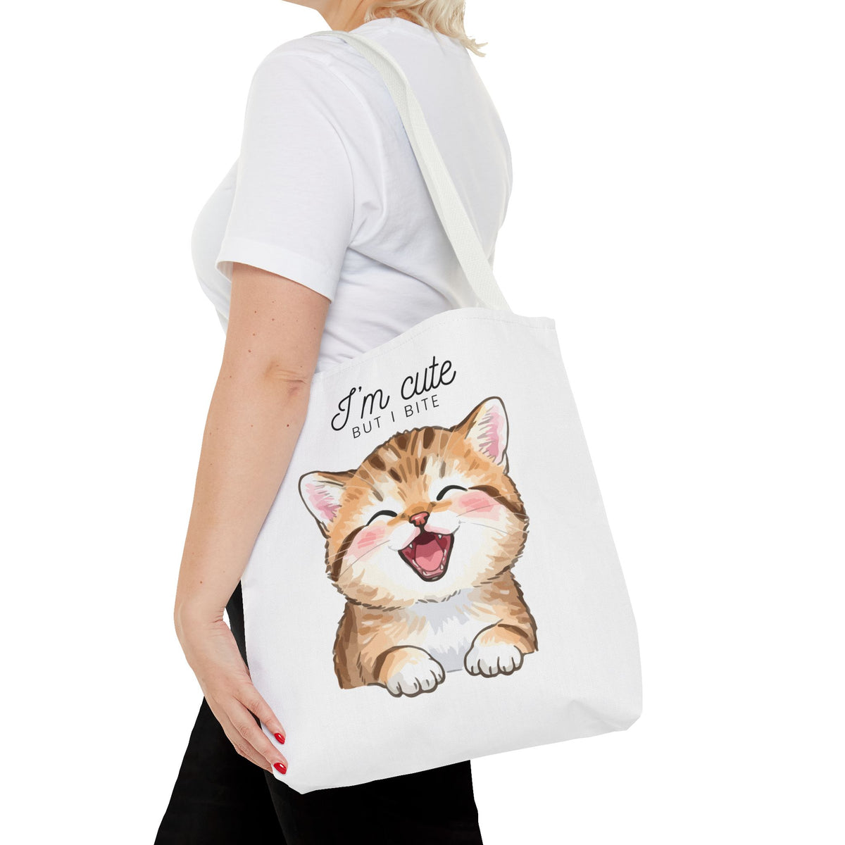 "I'm Cute But I Bite" kitty tote bag