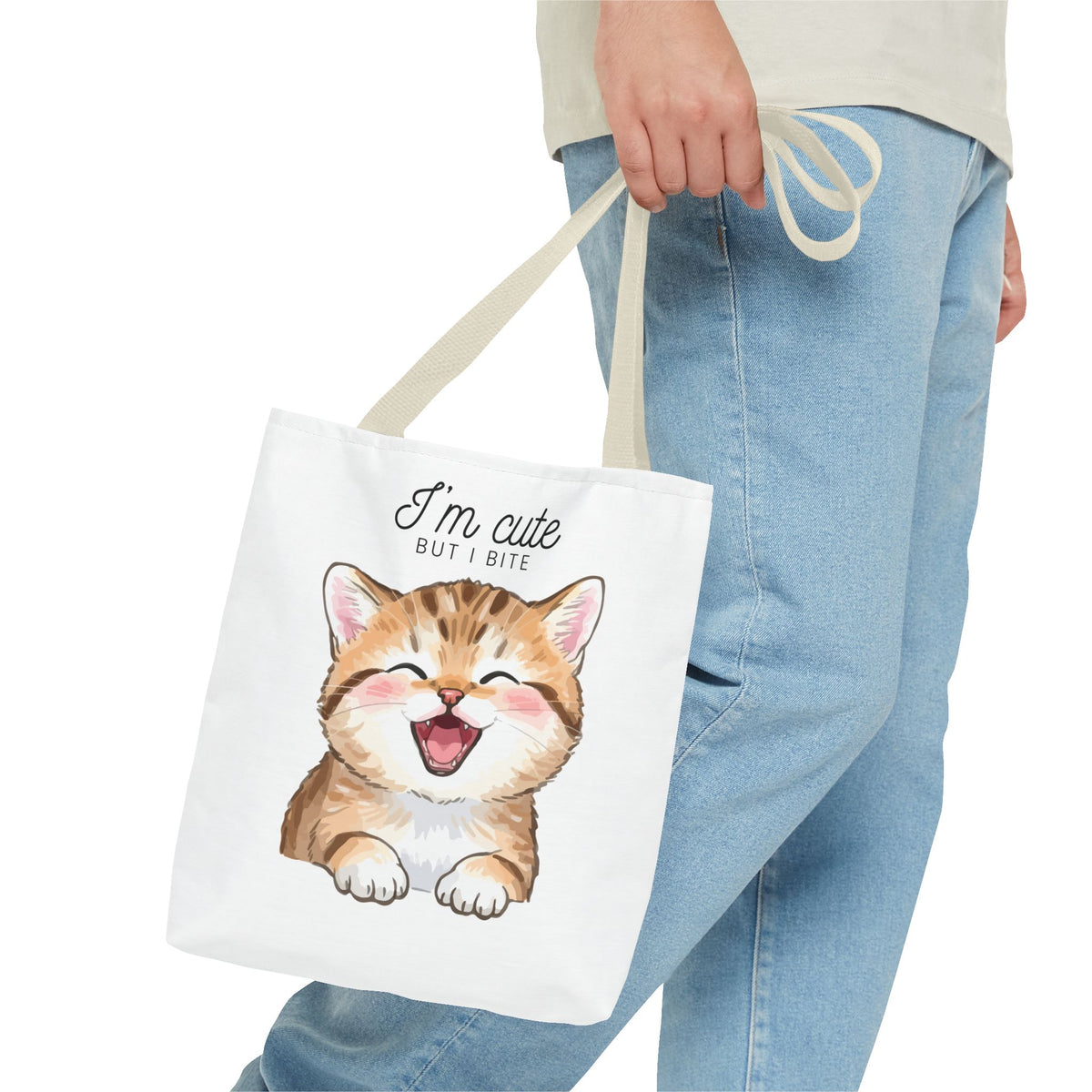 "I'm Cute But I Bite" kitty tote bag