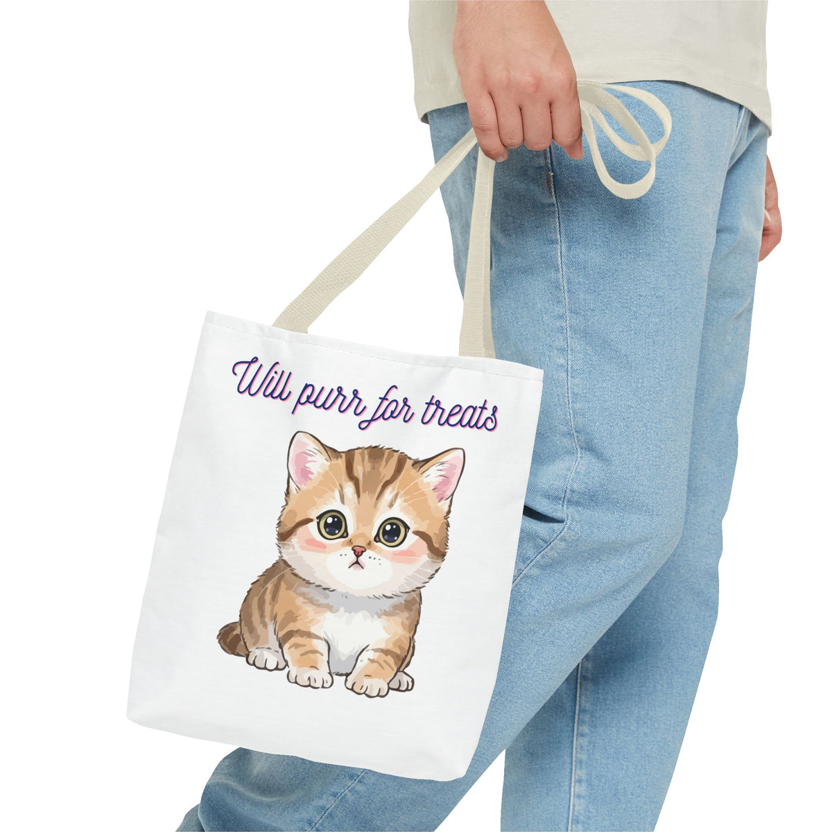 "Will purr for treats" kitten tote bag