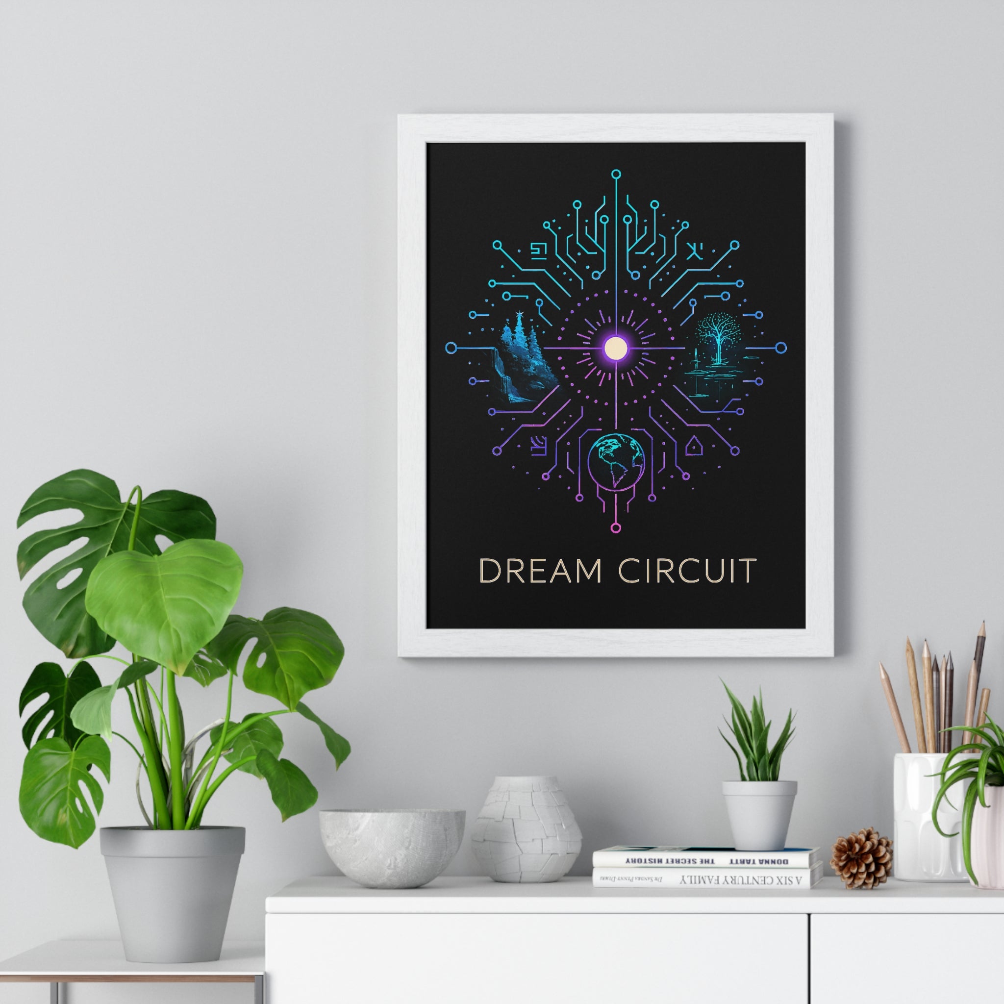 Dream Circuit Vertical Framed Poster, Inspirational Art Print, Modern Home Decor, Tech Vibe Wall Art, Gift for Nerds, Unique Decor