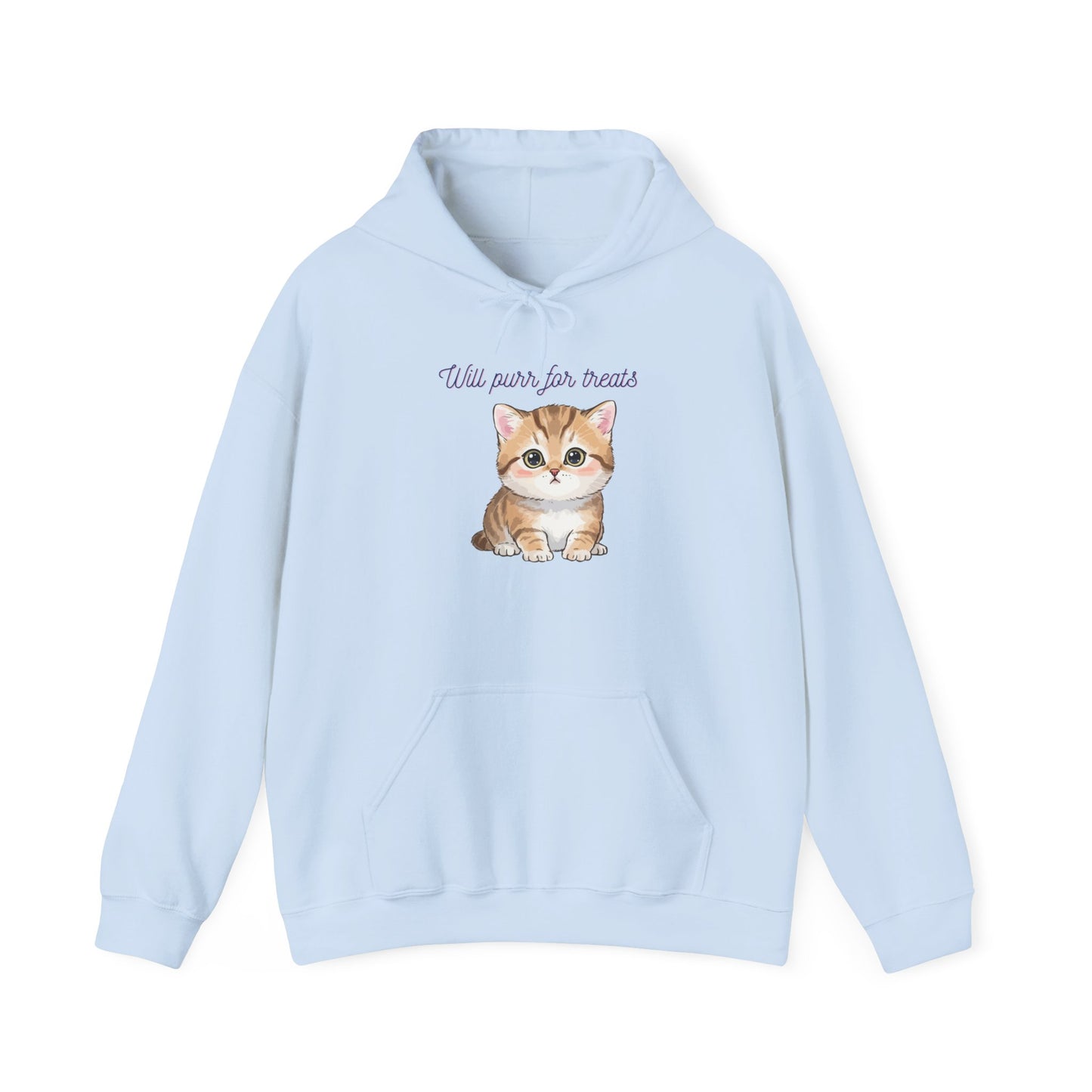 Cute Kitten Hoodie — "Will purr for treats" Cozy Cat Lover Sweatshirt