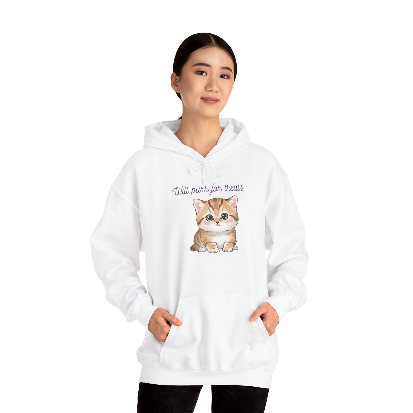 Cute Kitten Hoodie — "Will purr for treats" Cozy Cat Lover Sweatshirt