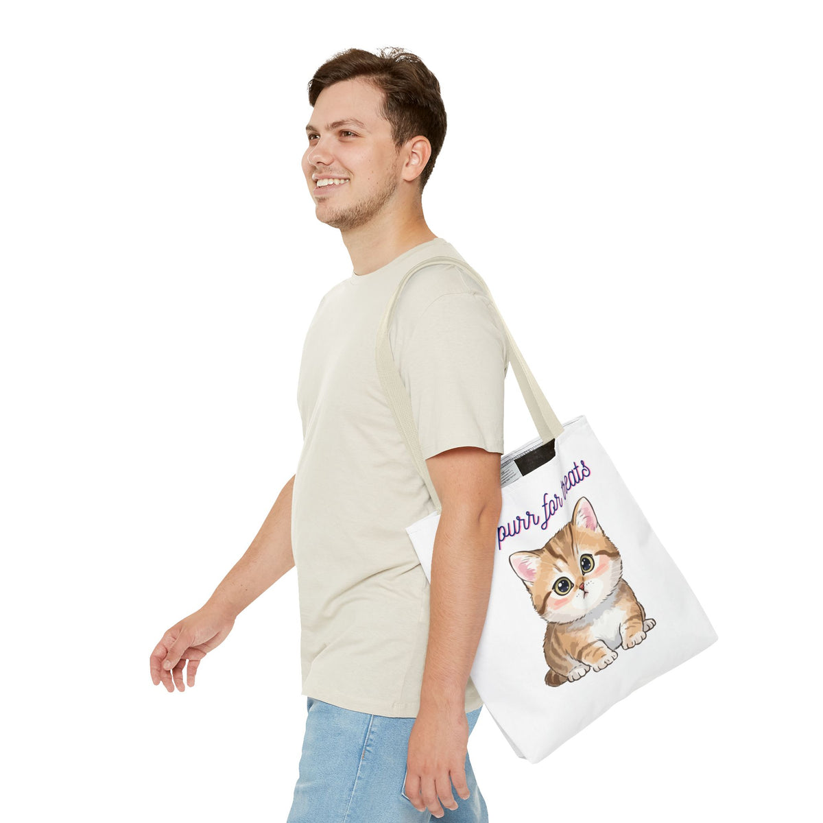 "Will purr for treats" kitten tote bag