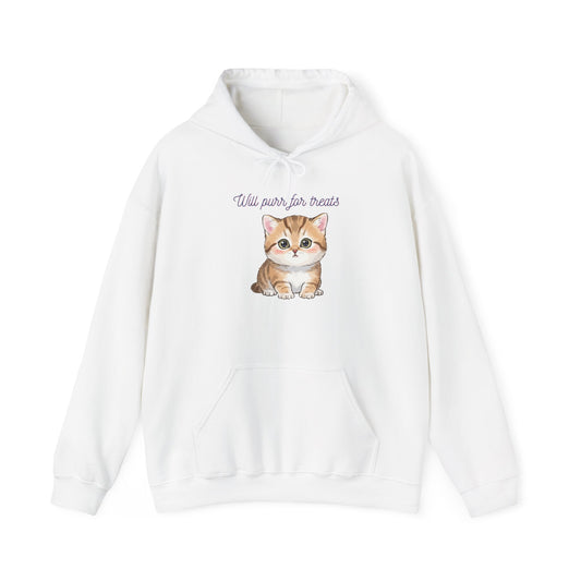 Cute Kitten Hoodie — "Will purr for treats" Cozy Cat Lover Sweatshirt