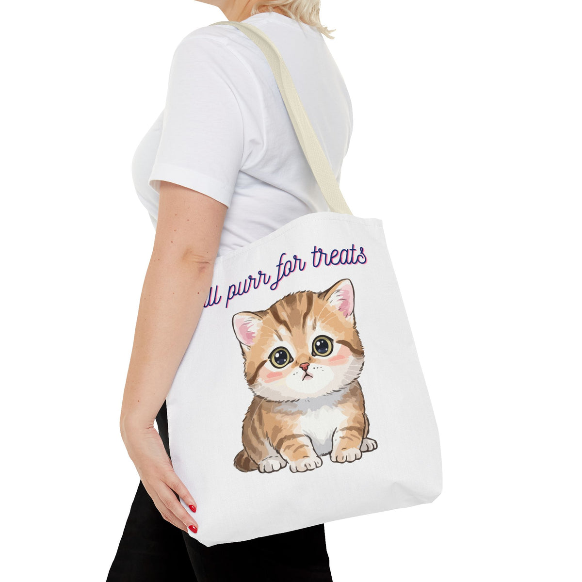 "Will purr for treats" kitten tote bag
