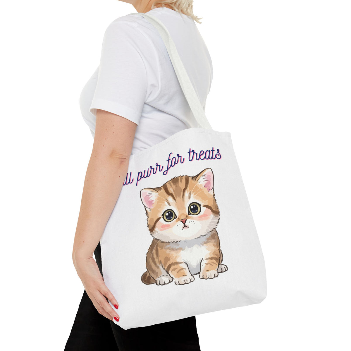 "Will purr for treats" kitten tote bag